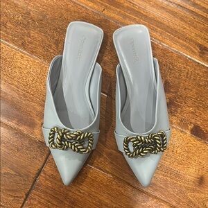 Light blue and Gold Pointed Toe Mules with Animal Print Accent